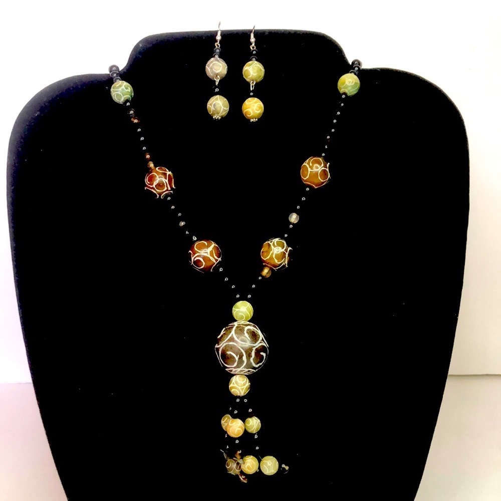 Sterling Silver Plated Rainbow Obsidian Alabaster Bead Necklace And Earrings Set